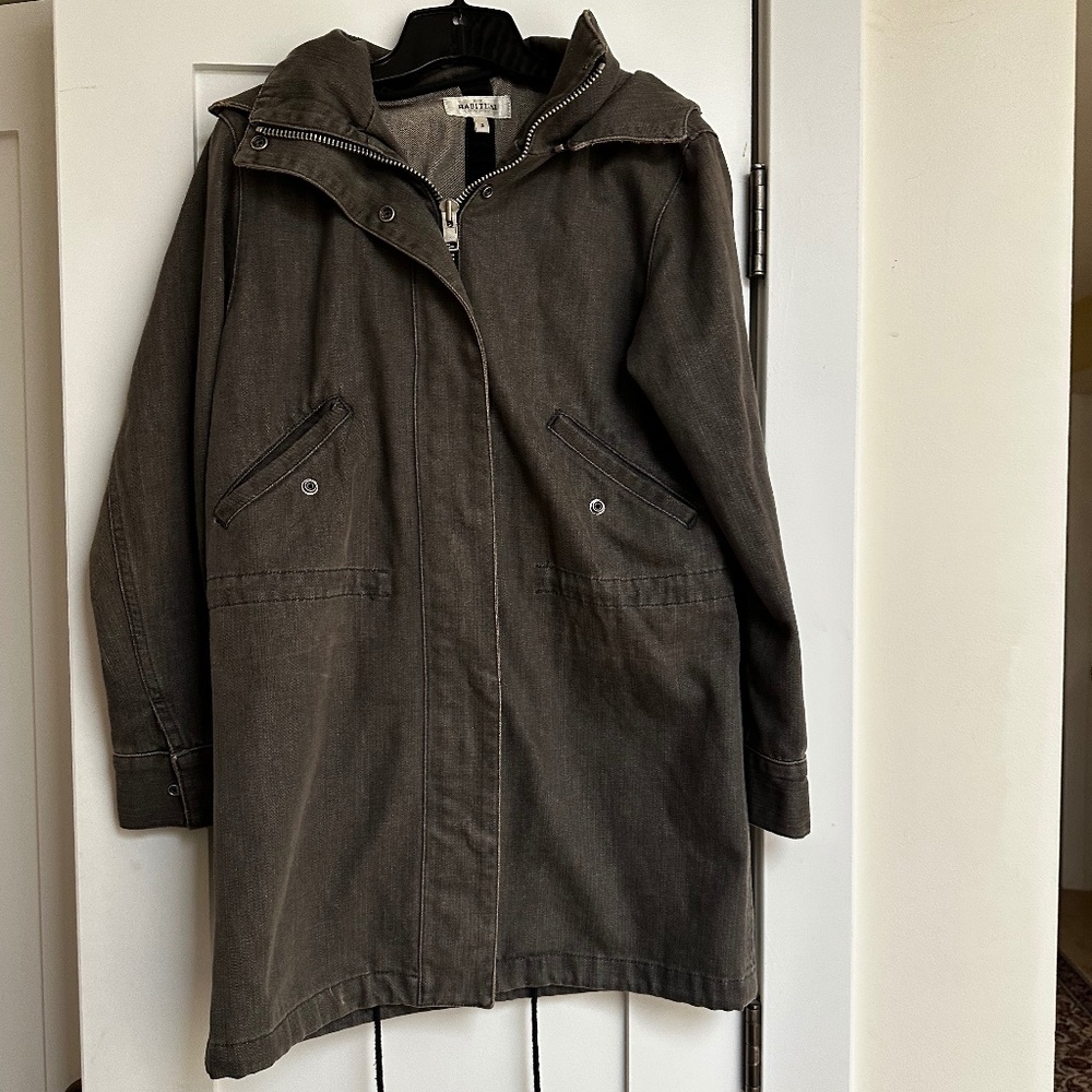 Habitual gray Denim drawstring parka Jacket. Removable hoodie.